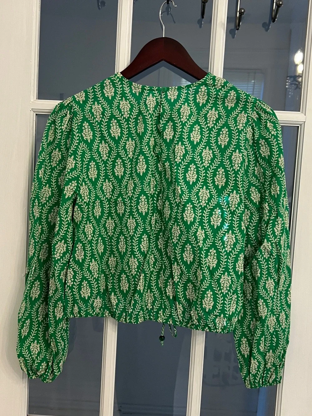 ZARA Women's Green Fern Print Cotton Long Sleeve Tie Waist Top Size S